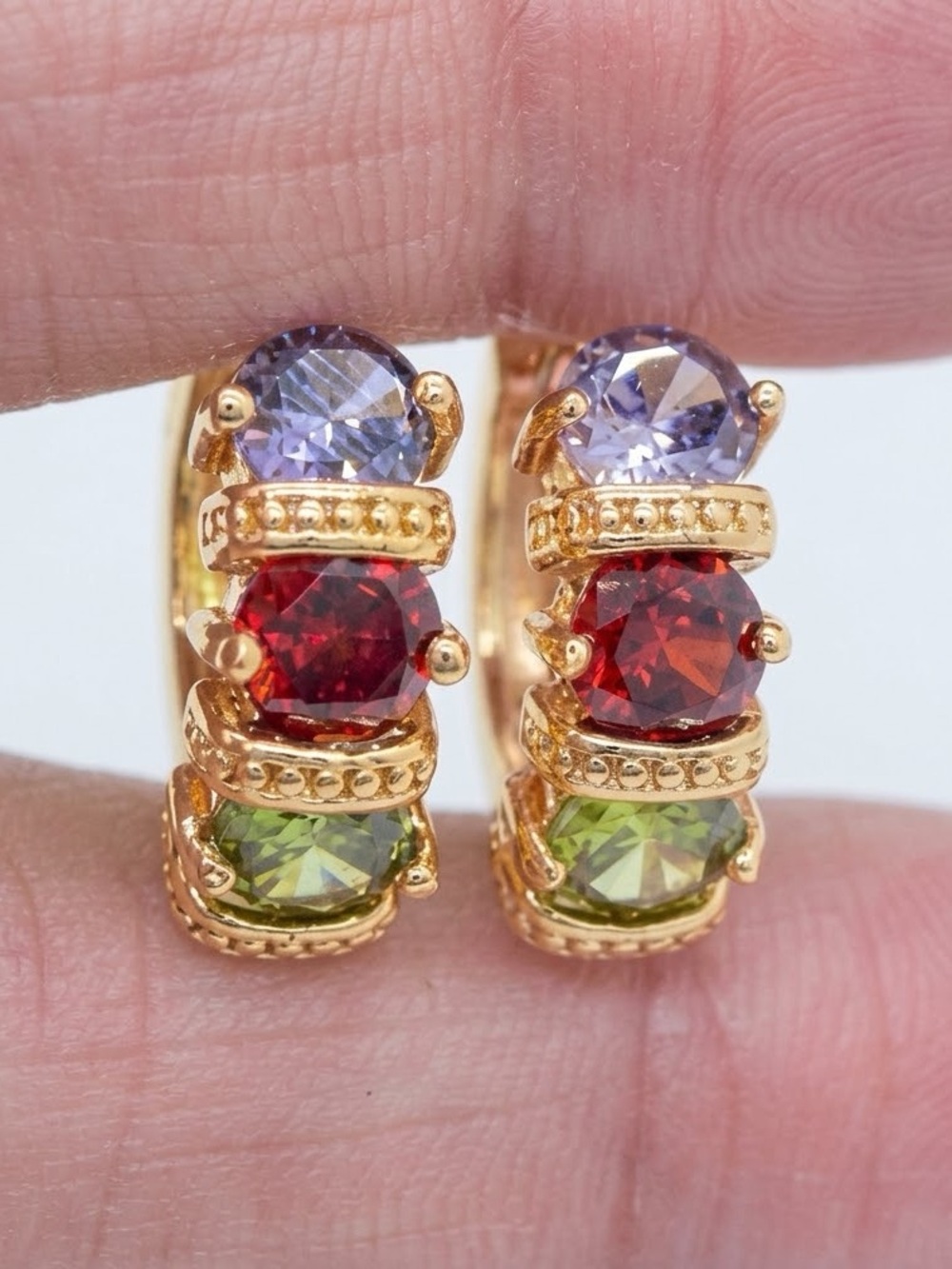 Gold plated CZ Multicolor Gemstone Huggie Earrings - Red, Green & Purple